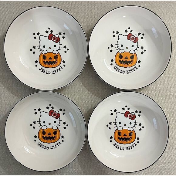 Set of 4- Hello Kitty Pumpkin Halloween 9” Ceramic Bowls Sanrio 2023 - Picture 1 of 5